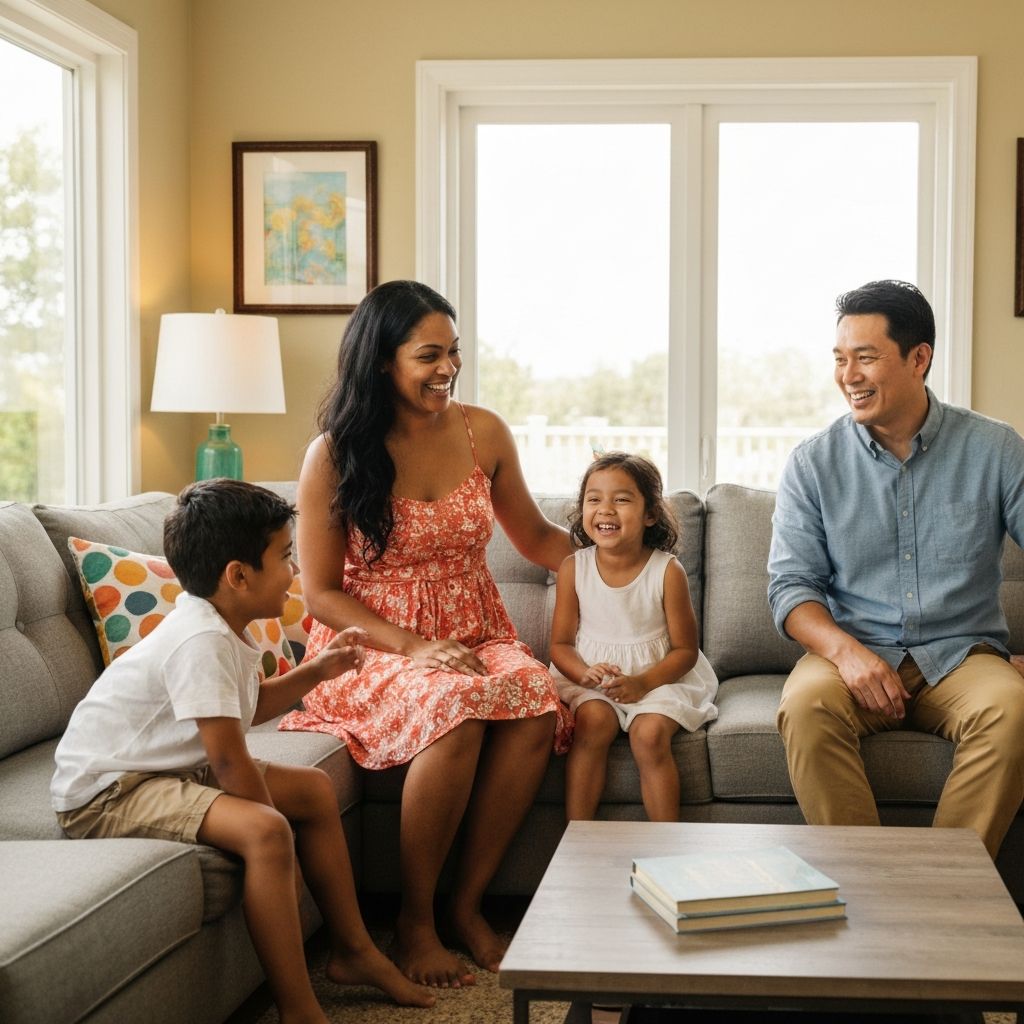Família feliz em frente ao seu imóvel